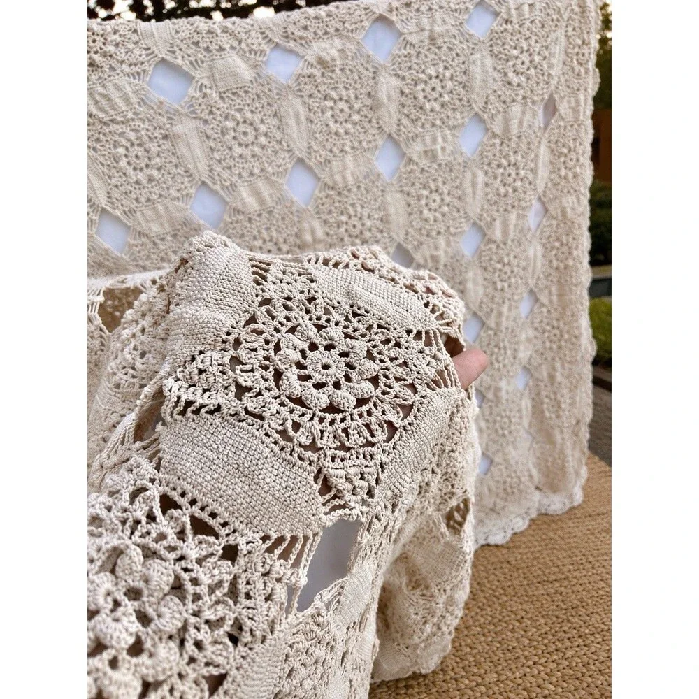 1940s Heirloom Hand-Crocheted Medallion Bedspread ECRU Cotton 4.5lbs  76